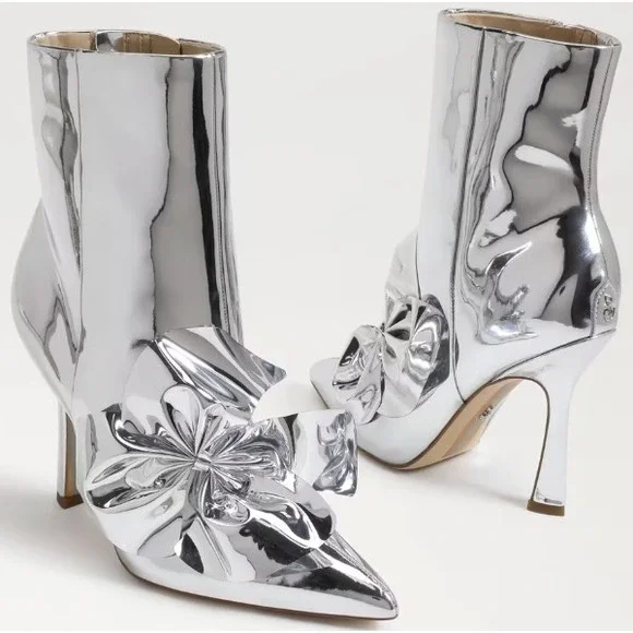 Sam Edelman Size 8 Silver Metallic Pointed Esmae Ankle Bootie Bow Stiletto Boots
